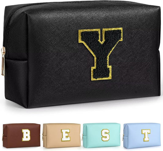 TOPEAST Preppy Makeup Bag, Small Cosmetic Travel Bags for Women, PU Leather Waterproof Toiletry Bag with Zipper, Personalized Birthday Gift for Women Girl, Preppy Gifts for Girl (Black Y)