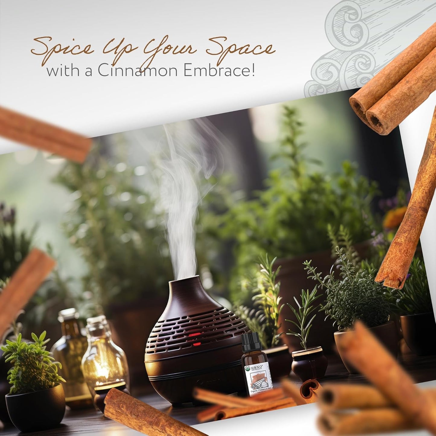 HBNO Organic Cinnamon Bark Essential Oil - 1 oz (30ml) Size - Ideal for Diffusers, Cleaning Agents, Skincare, and Haircare.