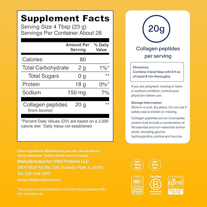 Vital Proteins Grass Fed Collagen Peptides Powder, Helps Support Healthy Hair, Skin, Nails, Bones and Joints - Hydrolyzed Collagen - Vanilla 23.2 oz