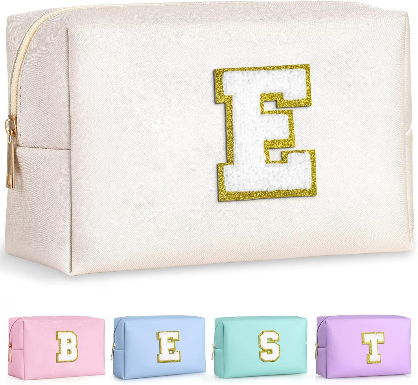 TOPEAST Monogrammed Gift for Women Girls, Personalized Initial Makeup Bags Cosmetic Bag with Zipper, Cute Makeup Pouch, PU Leather Waterproof Toiletry Bag, Preppy Gifts Stuff for Girl (White E)