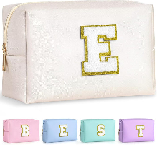 TOPEAST Monogrammed Gift for Women Girls, Personalized Initial Makeup Bags Cosmetic Bag with Zipper, Cute Makeup Pouch, PU Leather Waterproof Toiletry Bag, Preppy Gifts Stuff for Girl (White E)