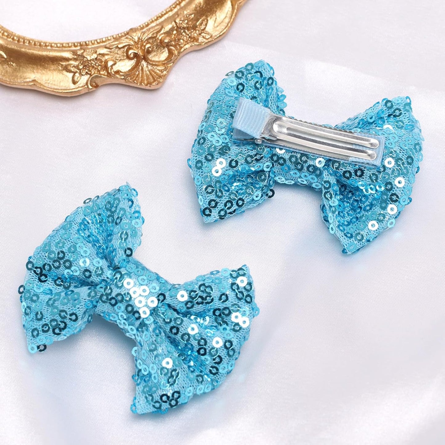 KISZU 3 Inch Glitter Hair Bows Clips, Sparkling Sequin Little Bow HairPins for Baby Girls Children Teens and Women (Blue)