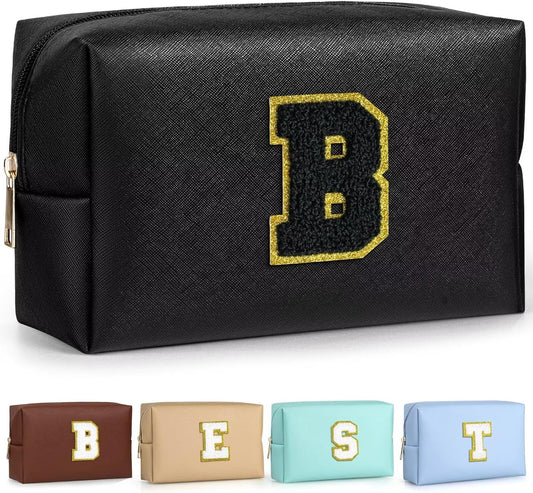 TOPEAST Preppy Patch Makeup Bag, Chenille Letter Pouch Cosmetic Bag, PU Leather Waterproof Toiletry Bag, Personalized Birthday Gift for Women Girl, Cute Stuff for Girls (Black B)