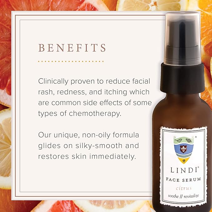 LINDI SKIN Face Serum Citrus - Ultimate Moisture and Comfort To Restore Your Skin Immediately - Reduce Facial Rash, Redness, and Itching - Relieves Uncomfortable Effects of Chemo Rash (1 fl oz)