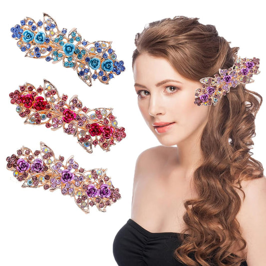 3 Pcs Wedding Flower Barrettes for Women Decorative Crystal Rhinestone Hair Clips Colorful Hair Pin Hair Accessory 8cm, 2-Rose Multicolor B