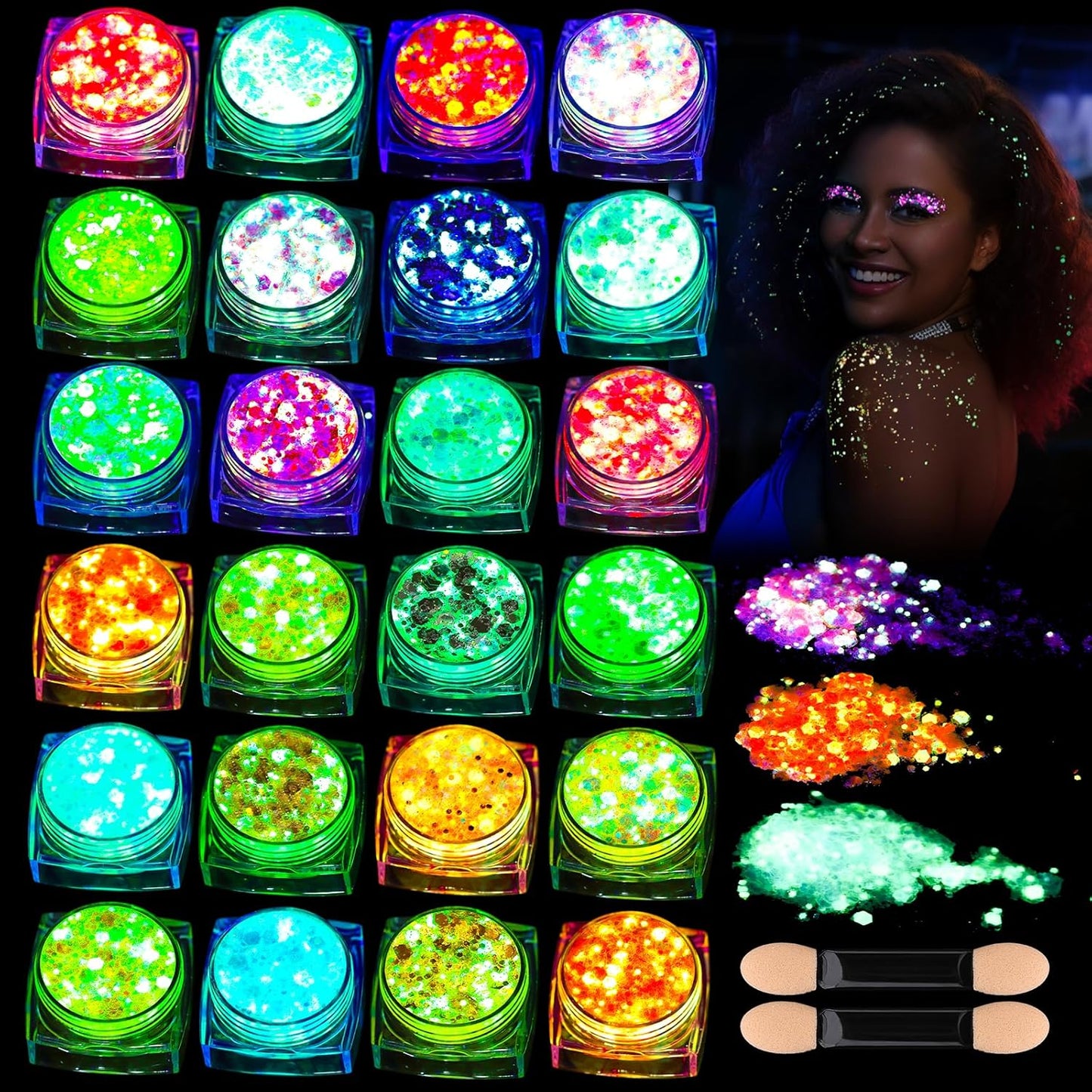 Teenitor 24 Colors Glow in The Dark Body Glitter Face Glitter Gel for Halloween, Hair Glitter for Kids Rave Accessories, Chunky Glitter Face Glitter for Women Makeup in Festivals Party