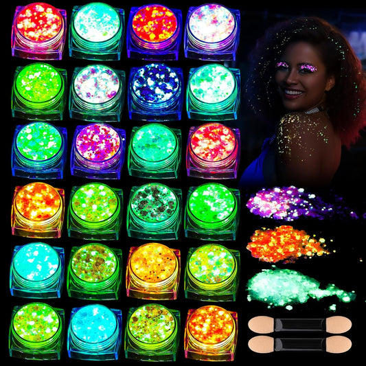 Teenitor 24 Colors Glow in The Dark Body Glitter Face Glitter Gel for Halloween, Hair Glitter for Kids Rave Accessories, Chunky Glitter Face Glitter for Women Makeup in Festivals Party