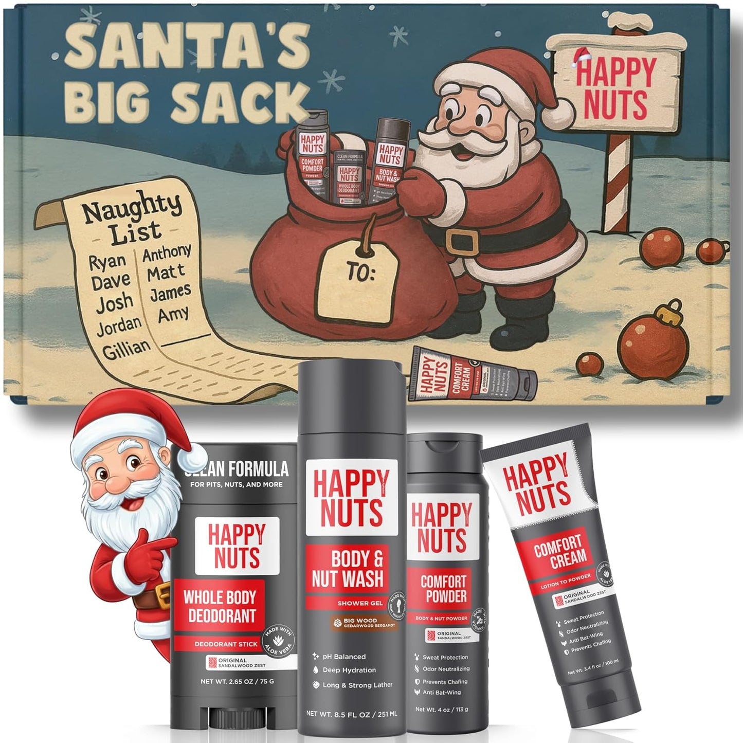 Happy Nuts Santa’s Big Sack - Funny Holiday Gift Box for Men - 4-in-1 Men's Care: Comfort Cream, Hydrating Body Wash, Whole Body Deodorant Stick, Anti-Chafing Powder - Hilarious Gift Basket for Him