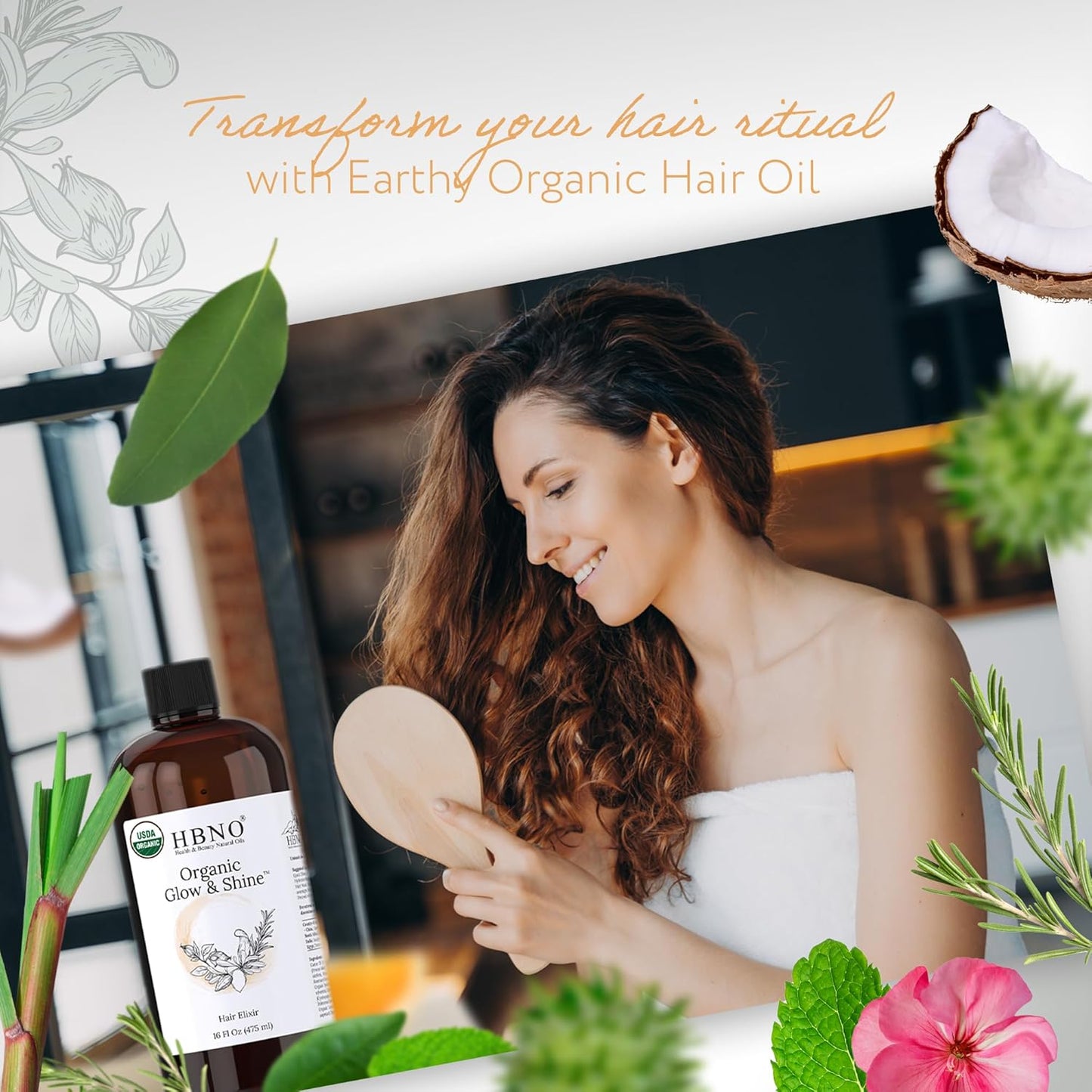 HBNO Earthy Organic Hair Oil - Huge 16 oz (475ml) Value Size - Ideal for conditioners, shampoos, massage oils, heat protectants, hair therapy, and daily moisturizing boost