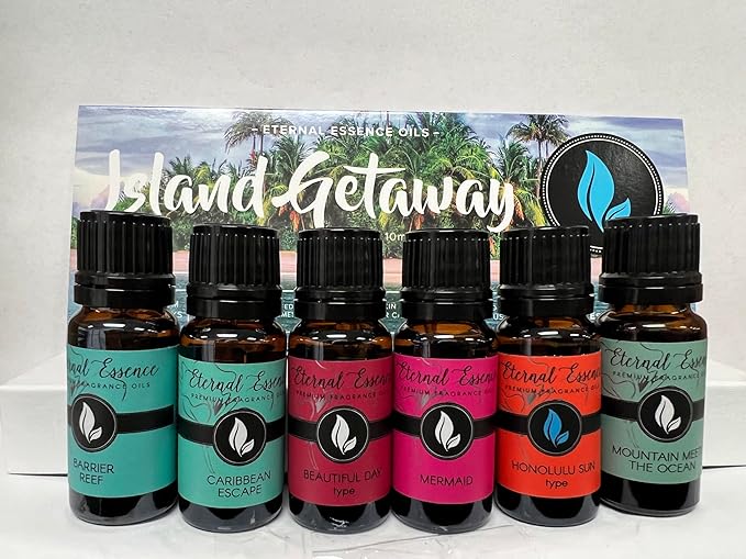 Eternal Essence Oils Island Getaway Set of 6 Premium Fragrance Oils - Includes Barrier Reef, Mountain Meets The Ocean, Beautiful Day, Caribbean Escape, Mermaid, and Honolulu Sun Hype - 10ML