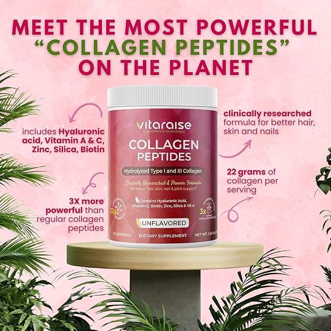 Hydrolyzed Collagen Powder - Type I & III Grass-Fed Collagen for Hair, Skin, Nail, Joints - Unflavored 22g per Serving - 30 Servings - 1.49 lbs - 3X Powerful - Hyaluronic Acid, VIT C, Added Nutrients