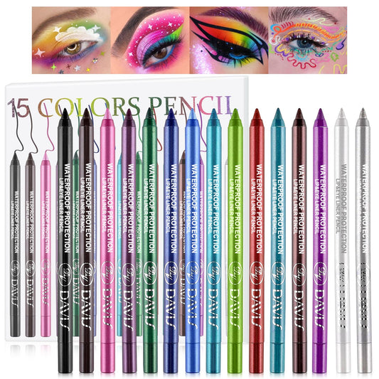 Colorful Eyeliner Pen Set, 15Colors Eye Shadow Pencil, Pearl Eyeliner Kit Metallic Glitter Colored Eye liner for Women Eye&Lip Liner Professional Waterproof Eye Makeup
