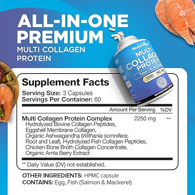 Nutrivein Premium Multi Collagen Pills 2250 mg - 180 Easy-to-Swallow Collagen Capsules: Type I, II, III, V, X Hydrolyzed Protein Peptides for Women and Men - Aging, Joints, Hair, Skin, Bones, & Nails