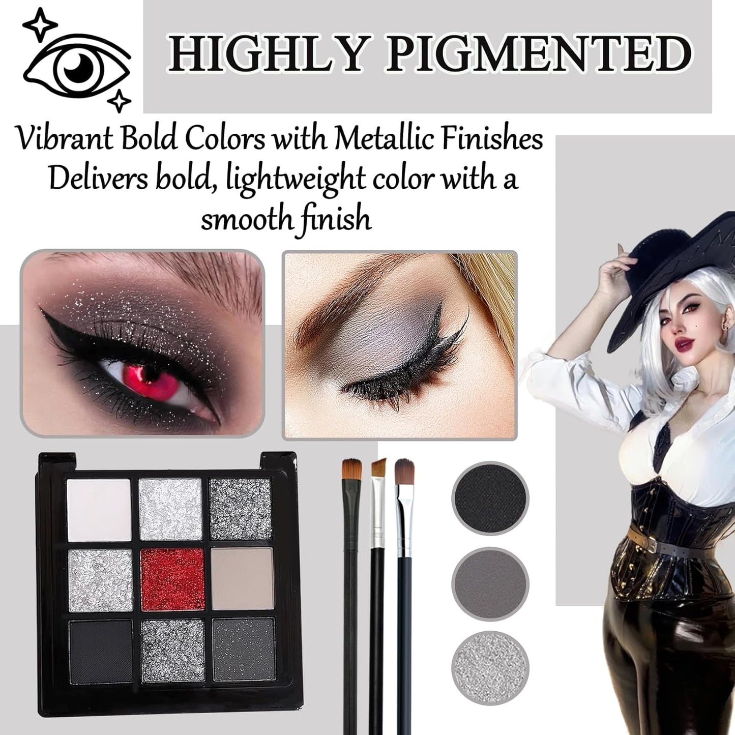 Black Grey Smoky Eyeshadow Palette,15 Colors Matte Shimmer Pigmented Eye Shadow Makeup Palette Set with 3 Eyeshadow Brushes,Glitter Eyeshadow Makeup Palette for Daily Halloween Goth Makeup(C)