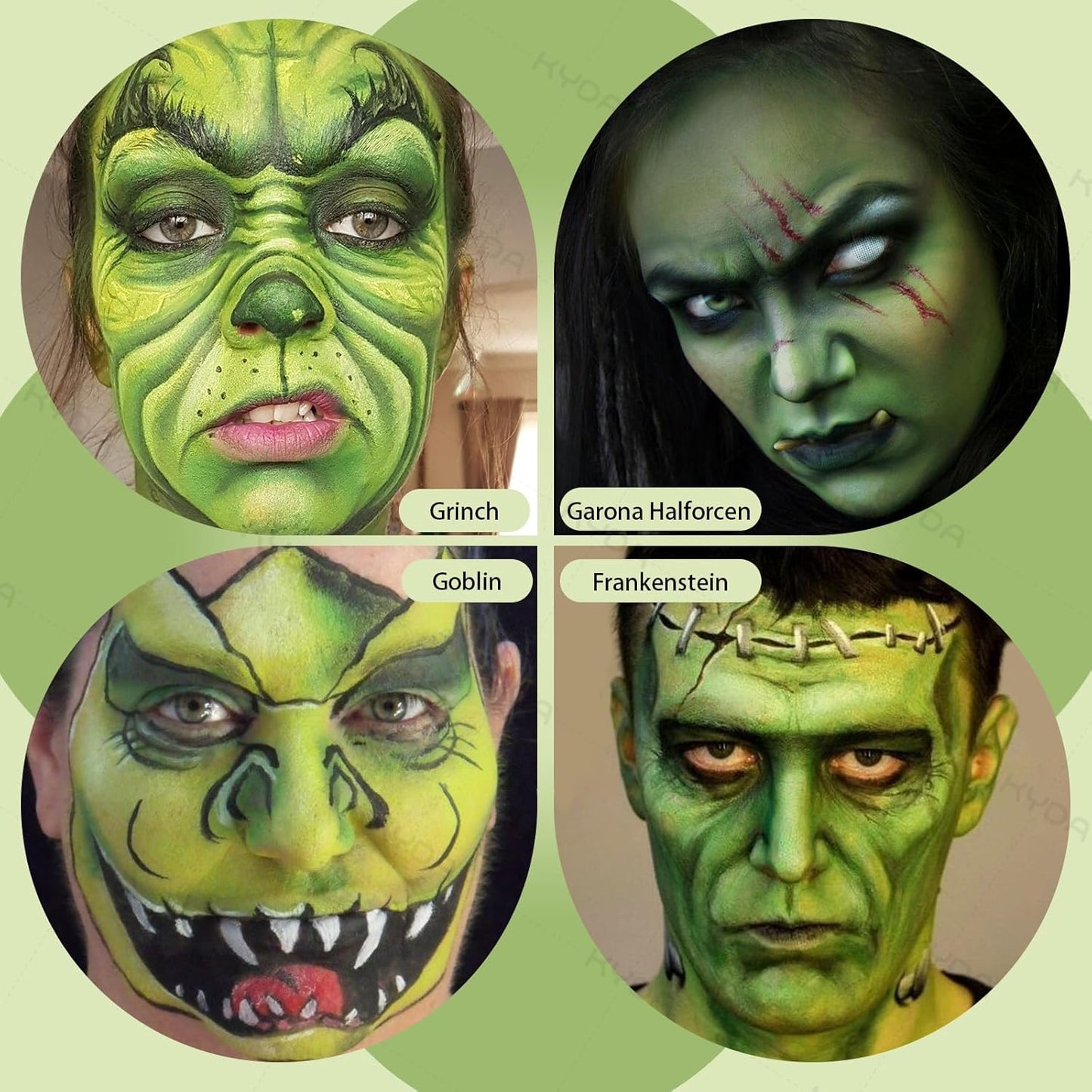 KYDA Black White Green Face Paint for Halloween Makeup, Face Body Painting Kit with Brushes for Witch Monster Grinch Shrek Hulk Alien SFX Makeup and Costume Cosplay Party, Colored Eyes for Spot Games
