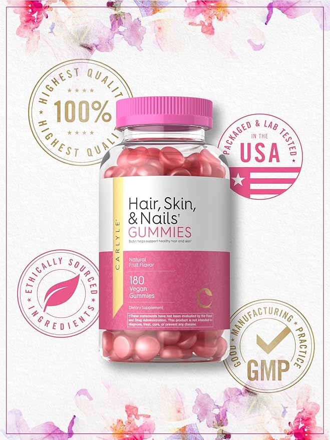 Carlyle Hair, Skin and Nails Gummies | 180 Count | Fruit Flavor Gummy Vitamins | with Biotin | Non-GMO, Gluten Free