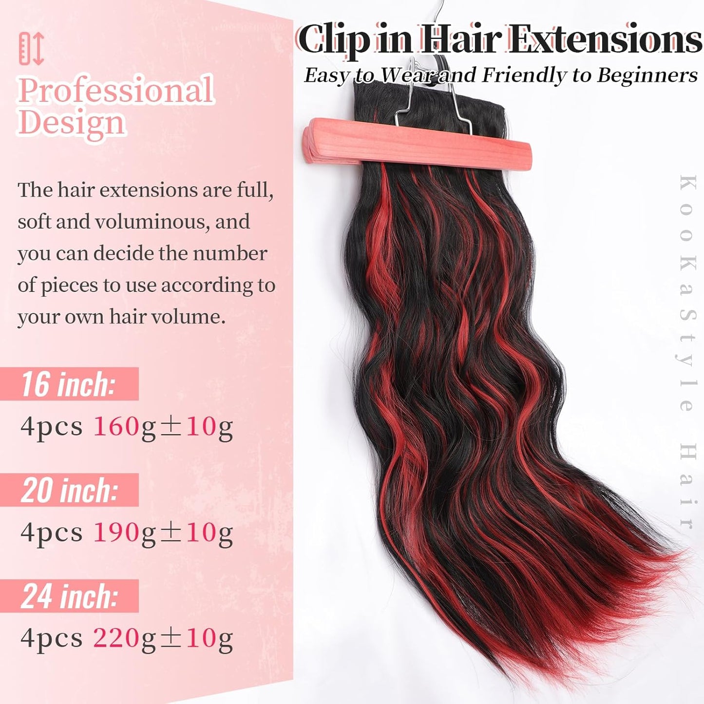 KooKaStyle Hair Extensions Black Mix Red Highlights 1B/113# Clip in Synthetic Highlight Hair Extensions Long Wavy 4PCS Thick Hairpieces 20 Inch for Women