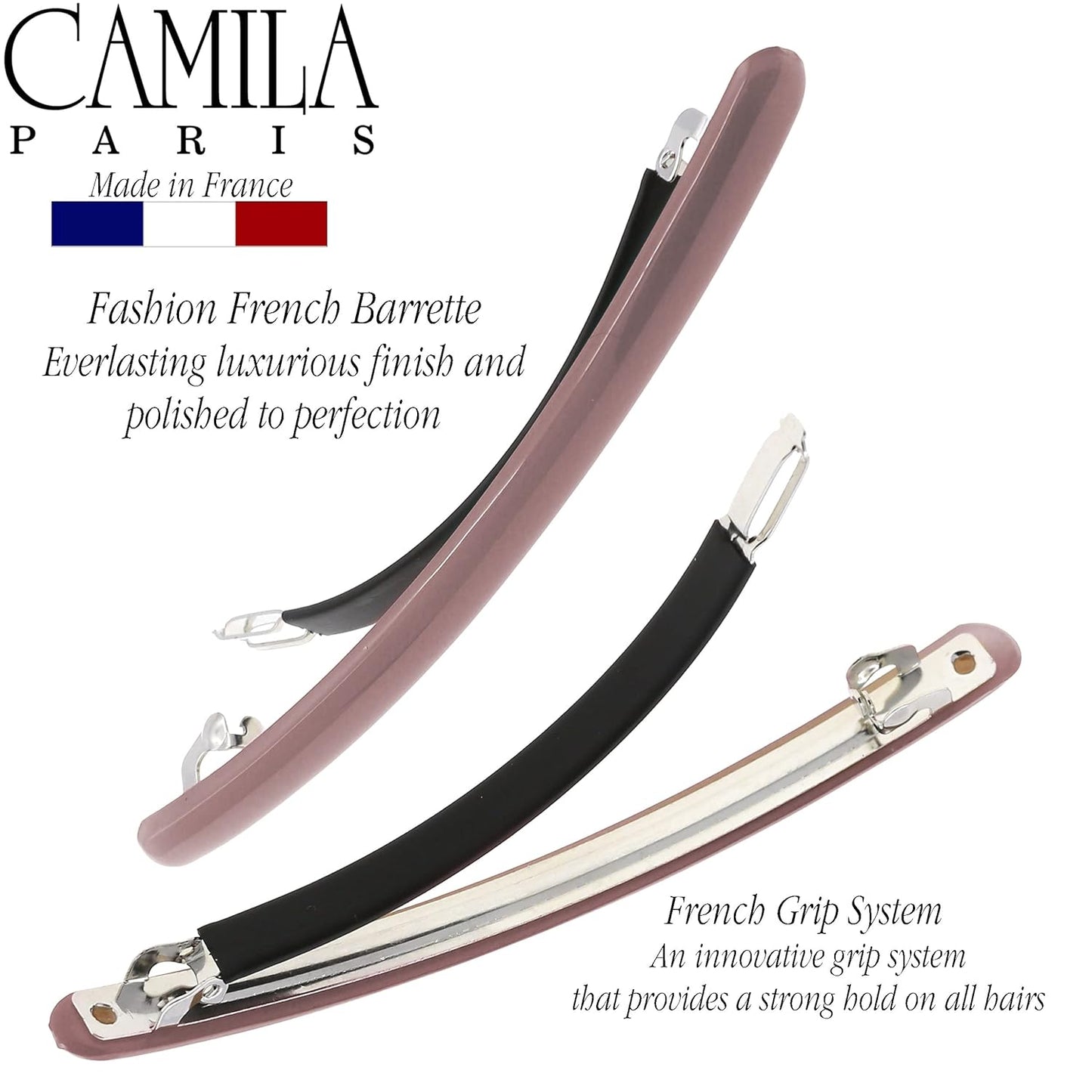 Camila Paris CP3251 French Hair Barrette Large Brown, Long Skinny Strong Hold Grip Hair Clips for Women, Thin Rubberized Automatic Clasp No Slip Durable Styling Girls Hair Accessories, Made in France