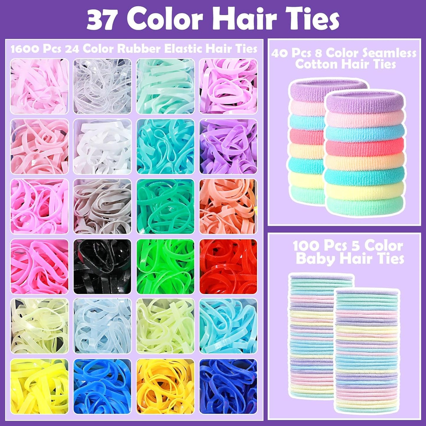 Hair Accessories for Girls, 1784 Pcs Elastic Ties Set 24 Color Rubber Bands With Organizer Box Cotton Baby Ties Styling Tool Set Clips Elastic Cutter Scissor