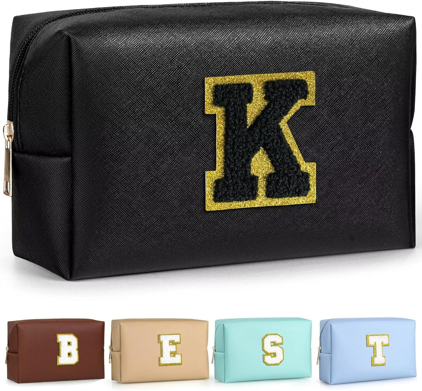 TOPEAST Initial Cosmetic Bag, PU Leather Waterproof Travel Toiletry Bag, Monogrammed Gifts for Women, Personalized Birthday Gift for Sister Friends, Cute Stuff for Girls (Black K)