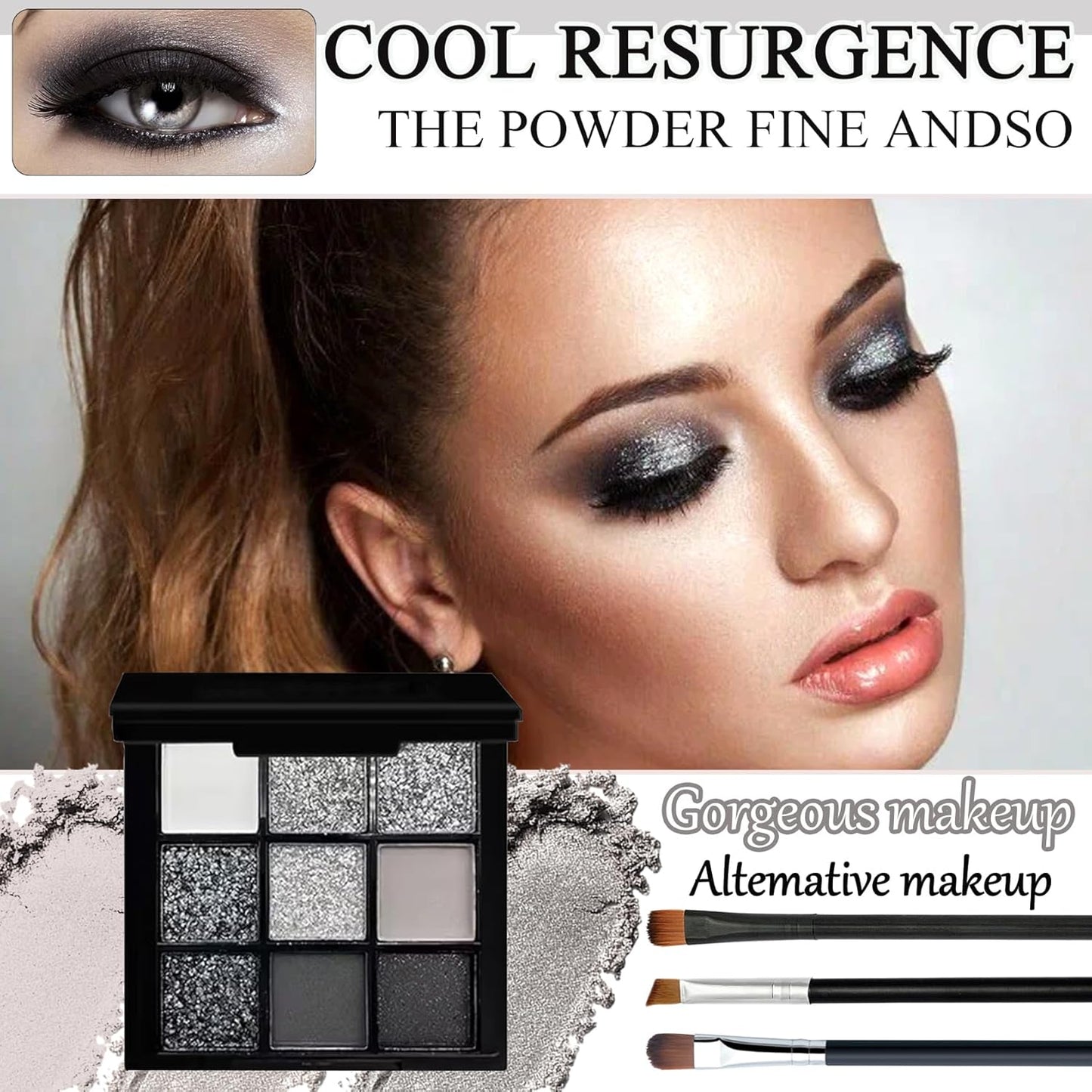 Black Grey Smoky Eyeshadow Palette,15 Colors Matte Shimmer Pigmented Eye Shadow Makeup Palette Set with 3 Eyeshadow Brushes,Glitter Eye Shadow Palette for Daily Halloween Goth Makeup(J)