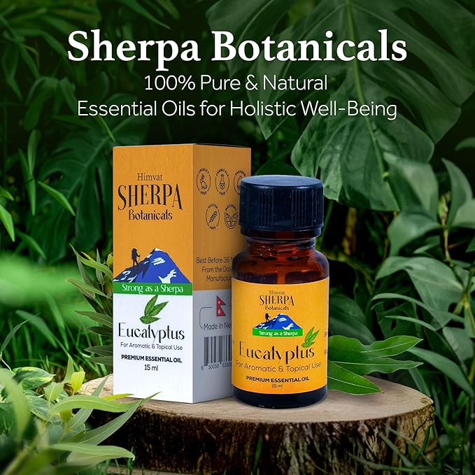 Sherpa Botanicals Eucalyptus Essential Oil - 100% Pure & Natural Oils - Ideal for Aromatherapy, Diffusers, Massage Oil - Energizing Scent - Vegan, Paraben-Free, 15mL