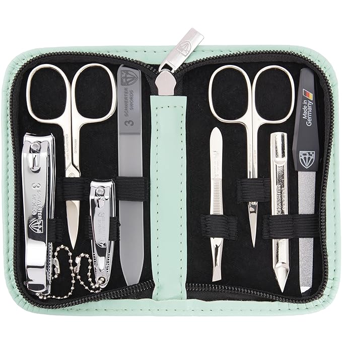 3 Swords Germany - brand quality 8 piece manicure pedicure grooming kit set synthetic leather case mint - Made in Germany