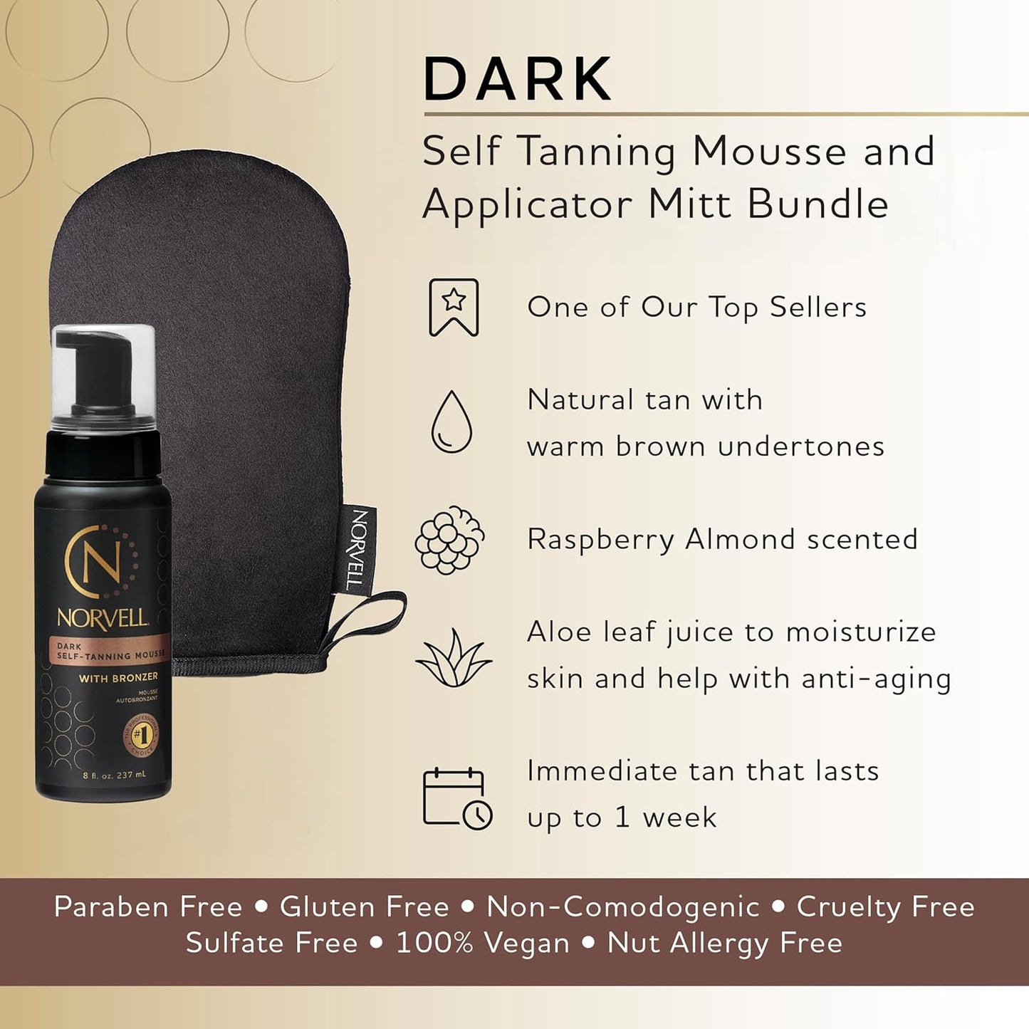 Norvell Sunless Dark Self Tanner Mousse with Mitt, 8 Fl Oz + Streak Free Tanning Applicator Mitt - Instant Natural Looking Bronzing Glow