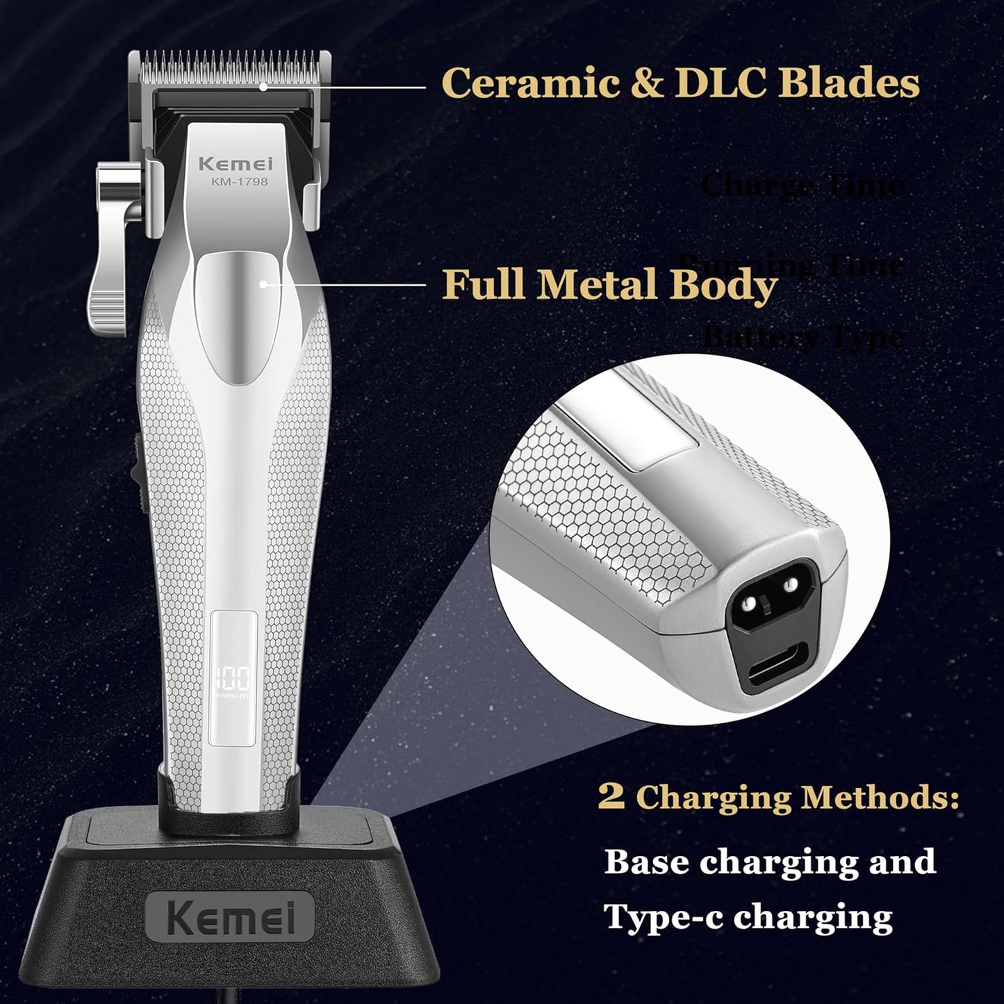 KEMEI Professional Hair Clippers for Men, Cordless Barber Clippers with Full Metal Body, DLC Blade Hair Trimmer with LED Display, KM-1798, KM-3023-702