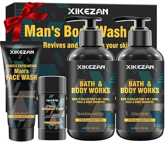 Gifts for Men,Mens Body Wash Gift Set Cleansing & Hydrating Skin w/Face Wash,Deodorant,Sandalwood & Cologne 3 in 1 Hair,Face & Body Wash,Mens Stocking Stuffers Christmas Gifts for Men Him Dad Husband