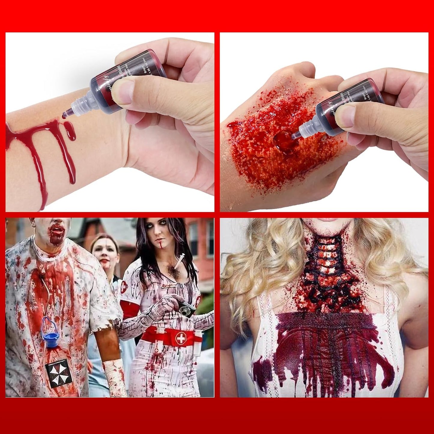 Halloween Fake Blood Washable with Stipple Sponge,1.06 Oz Edible Stage Blood Liquid for Face SFX Makeup,Body Paint Cospaly Dripping Fake Blood,Special Effect for Zombie Vampire,Bright