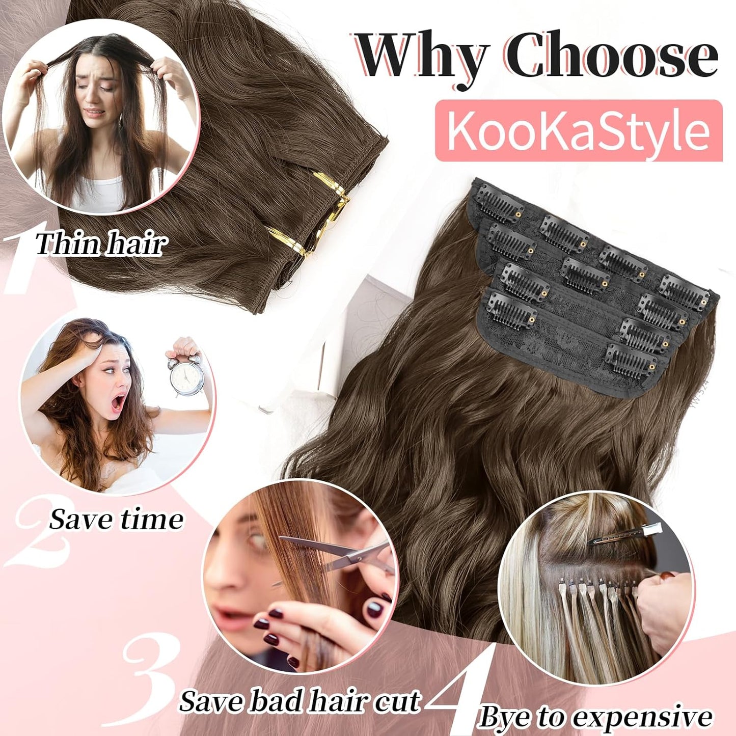 KooKaStyle Clip in Synthetic Hair Extensions Long Wavy 4PCS Thick Hairpieces Chestnut Brown Fiber Double Weft Natural Hair Extensions 24 Inch for Women