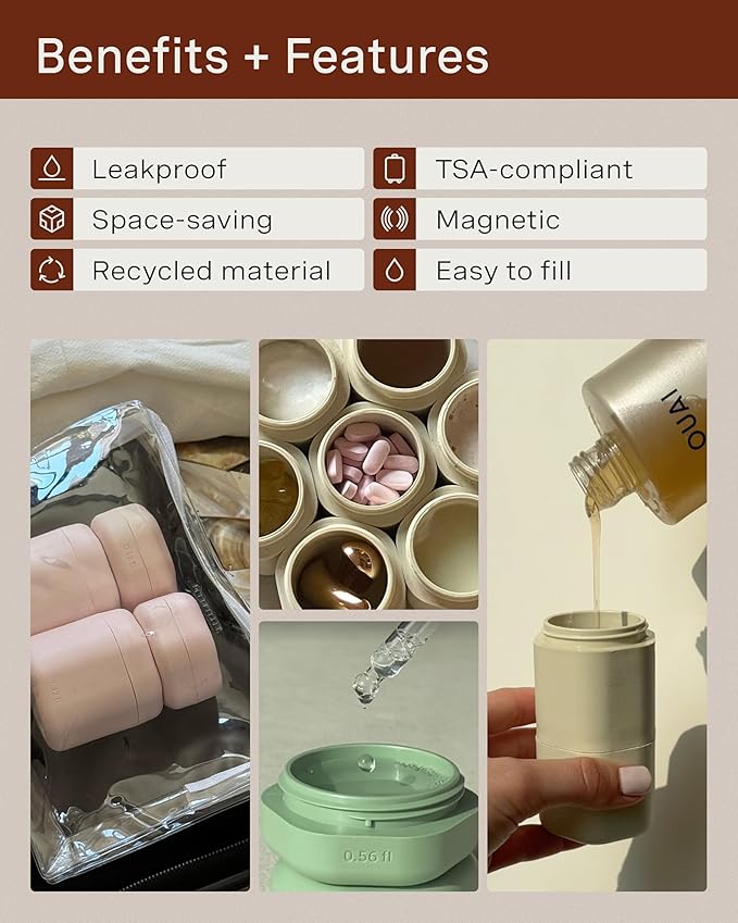 Cadence Travel Containers - Full Skincare Set - Magnetic Travel Capsules - 2 Small (0.56oz), 4 Medium Capsules (1.32oz), & Extender (1.43oz) with Multiple Labels for Better Organization - Sand