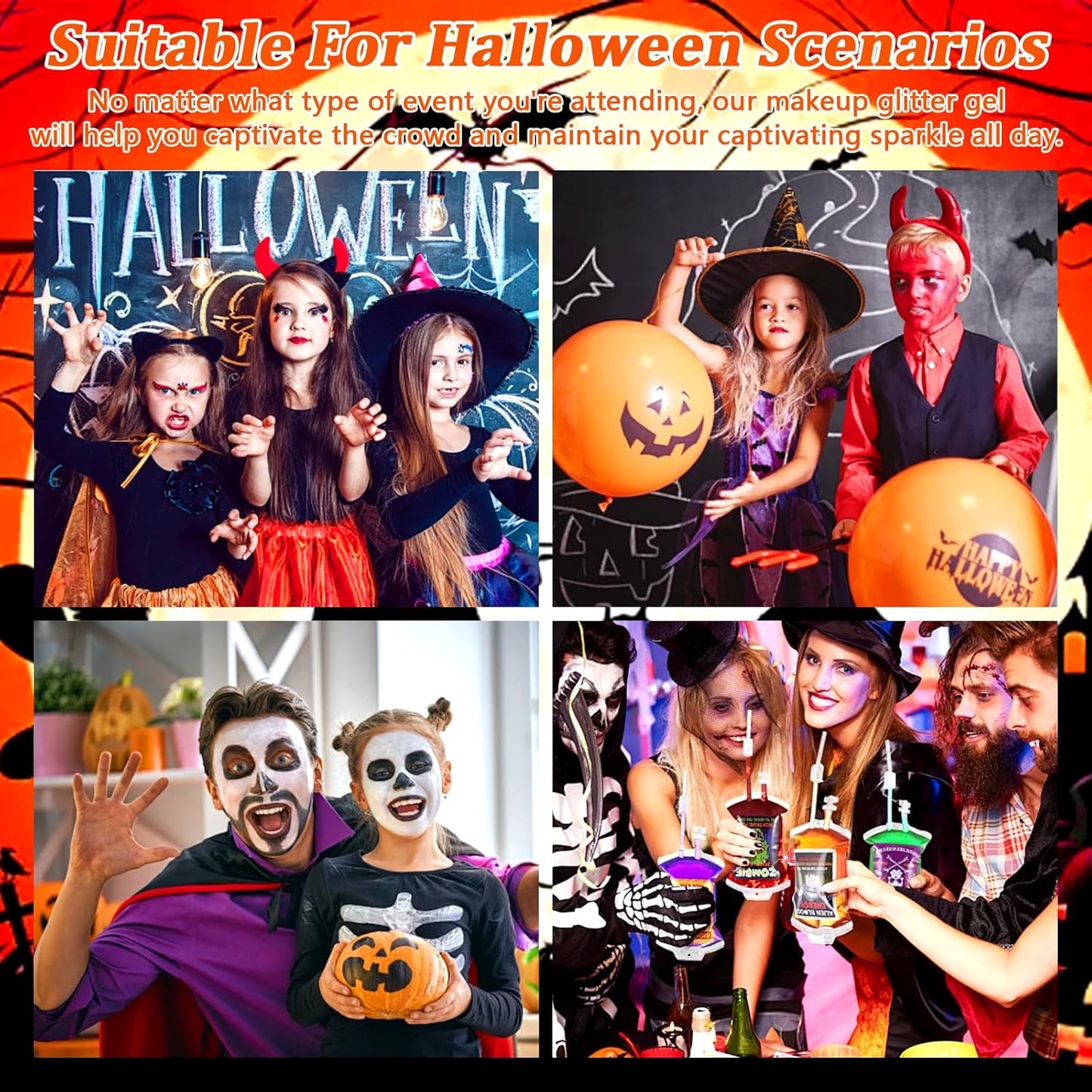 Boko 50ML Body Glitter Gel, Black Halloween Chunky Glitter Gel for Face Hair Body Sparkle Makeup, Witch Clown Glitter Mermaid Face Sequins for Halloween Concert Party Event Rave Accessories