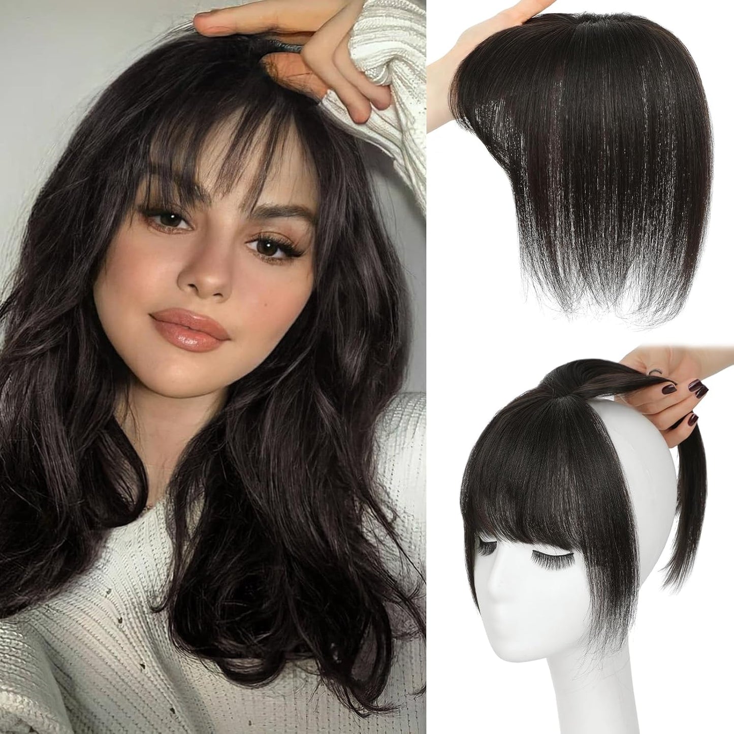 Bangs Hair Clip Human Hair Natural Black French Bangs for Women Fringe with Temples Hairpieces (Brown Black, 3D Bangs)