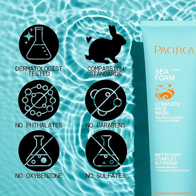 Pacifica Beauty Sea Foam Face Cleanser, Daily Gentle Foaming Face Wash, With Coconut Water + Sea Algae Complex, Removes Makeup, For Combination and Oily Skin, Vegan and Cruelty Free, Clean Skin Care