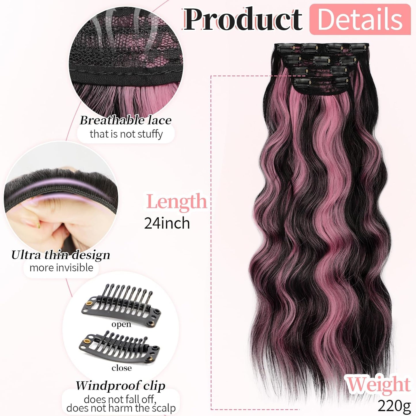 KooKaStyle Clip in Hair Extensions 4PCS Long Wavy Natural & Soft Hairpieces for Women 24 Inch for Women(Natural Black Pink)