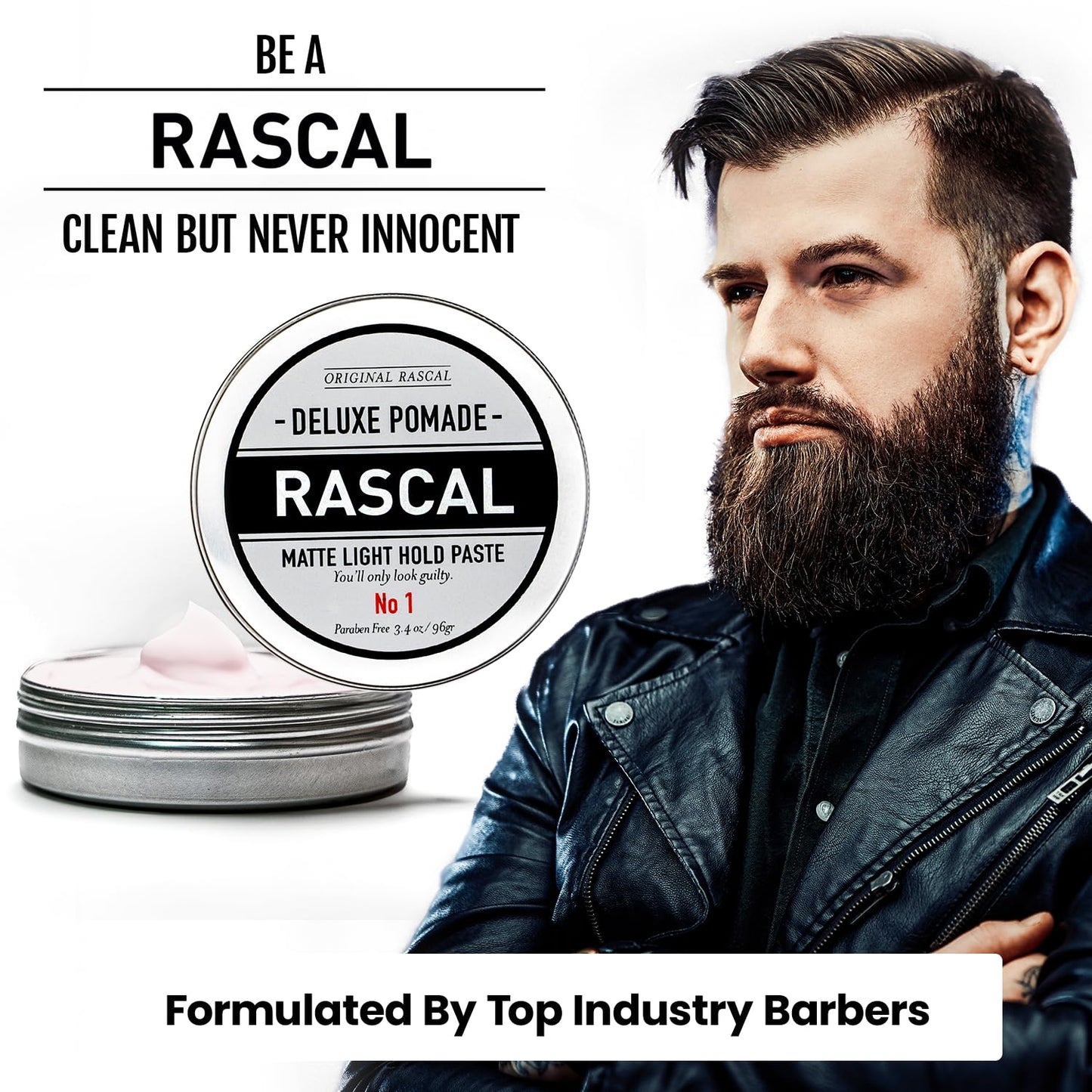 Original Rascal Deluxe Pomade for Men #1 - Matte Hair Paste with Light Hold & Shine - Men's Styling Dry Care Solution Product for All Hair Types - Natural Infused with Beeswax & Grapeseed Oil - 3.4 oz