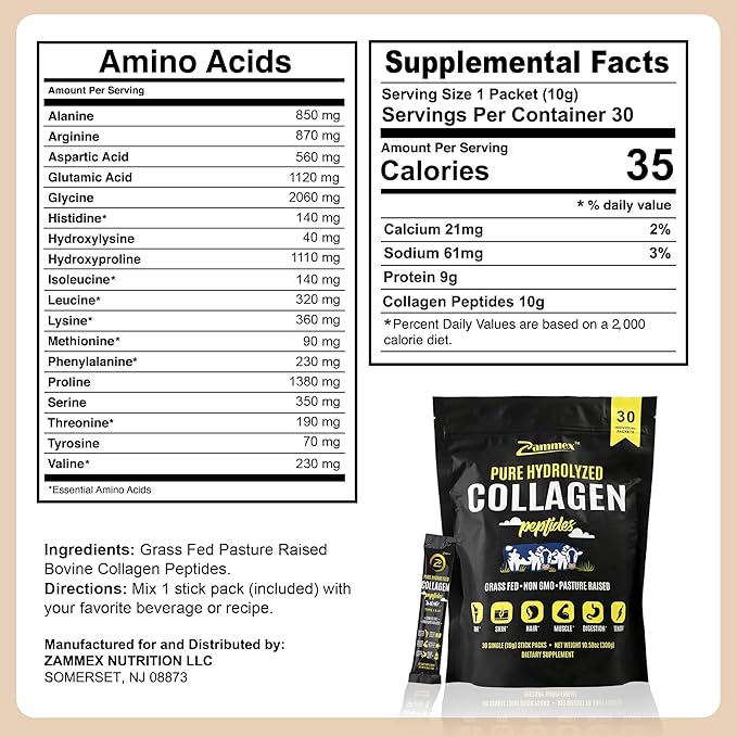 Premium Collagen Peptides Powder, 30 Sticks Travel Packets(Type I, III), Unflavored Collagen Protein Powder to Go, Hydrolyzed Collagen Peptides for Skin Hair Nail Joint, 10g per Serving, Paleo & Keto