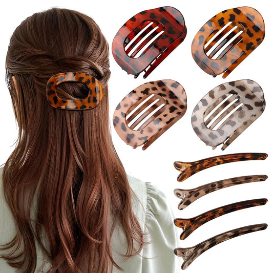 Flat Hair Clips for Women Girls, Leopard Lay Flat Claw Clips, Strong Hold Duck Billed Hair Claws for Thick Hair, Non Slip Grip for Daily Styling