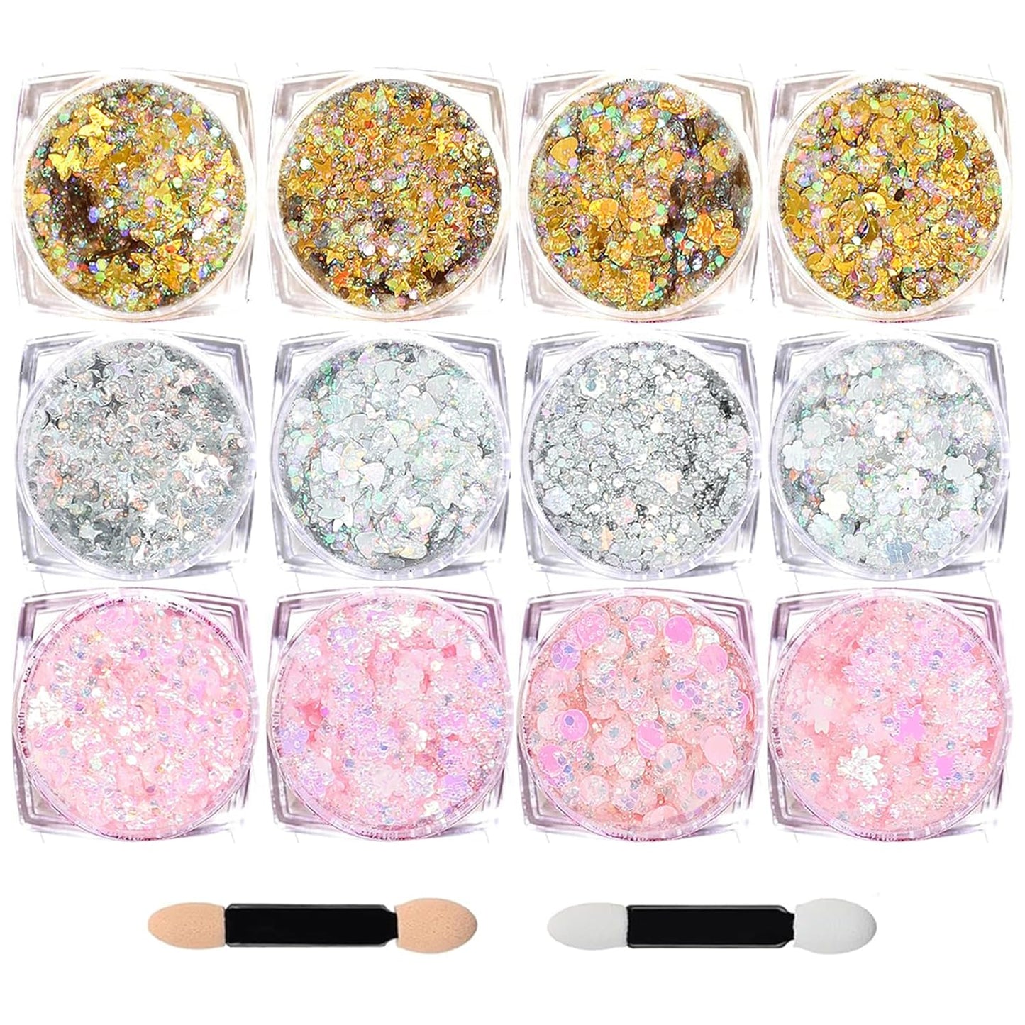 Body Glitter Face Glitter, Hair Glitter for Kids, 12 Shapes Fine Chunky Glitter Gel for Women Girls Makeup Sparkles Party Mermaid Sequins Rave Accessories Singer Concerts Festival (Gold-Silver-Pink)