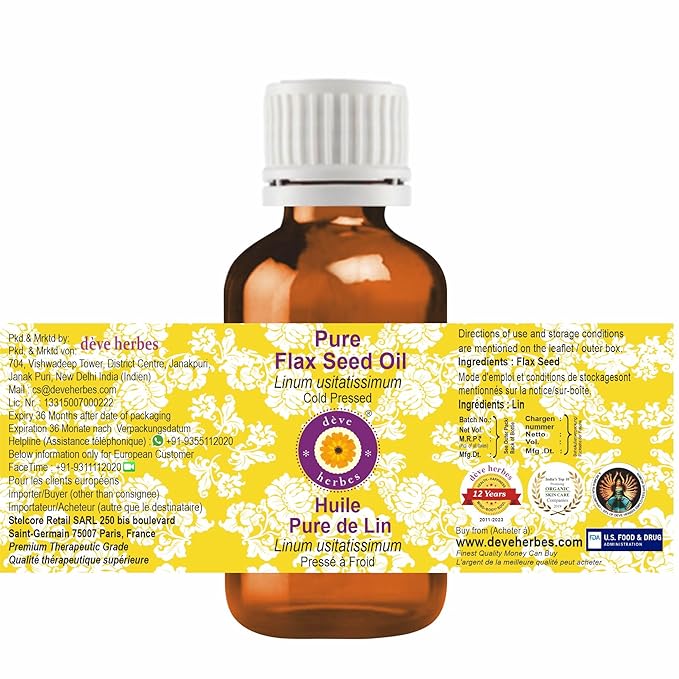 Deve Herbes Pure Flax Seed Oil (Linum usitatissimum) Natural Therapeutic Grade Cold Pressed 5ml (0.16 oz)
