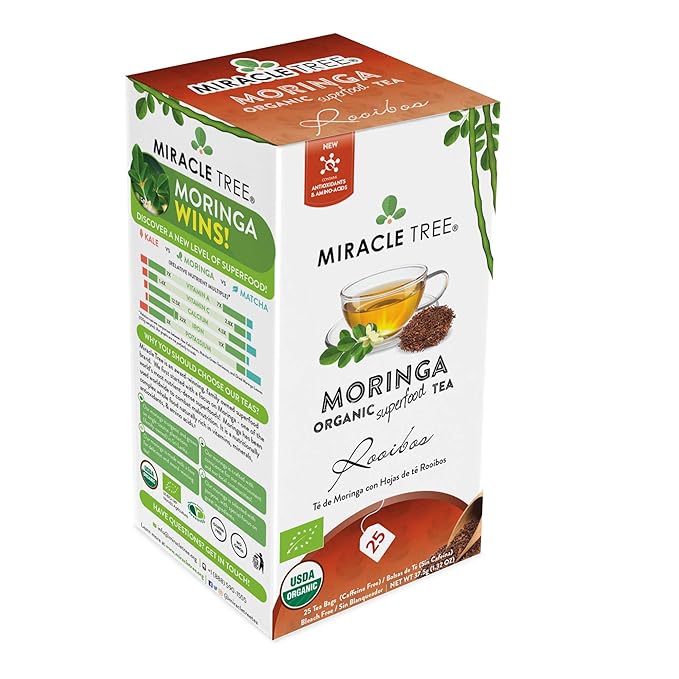Miracle Tree - 3 Count of Organic Moringa Superfood Tea, 25 Individually Sealed Tea Bags, Rooibos (Keto, Detox, Energy/Immunity Booster, Vegan, Gluten-Free, Organic, Non-GMO, Caffeine-Free)