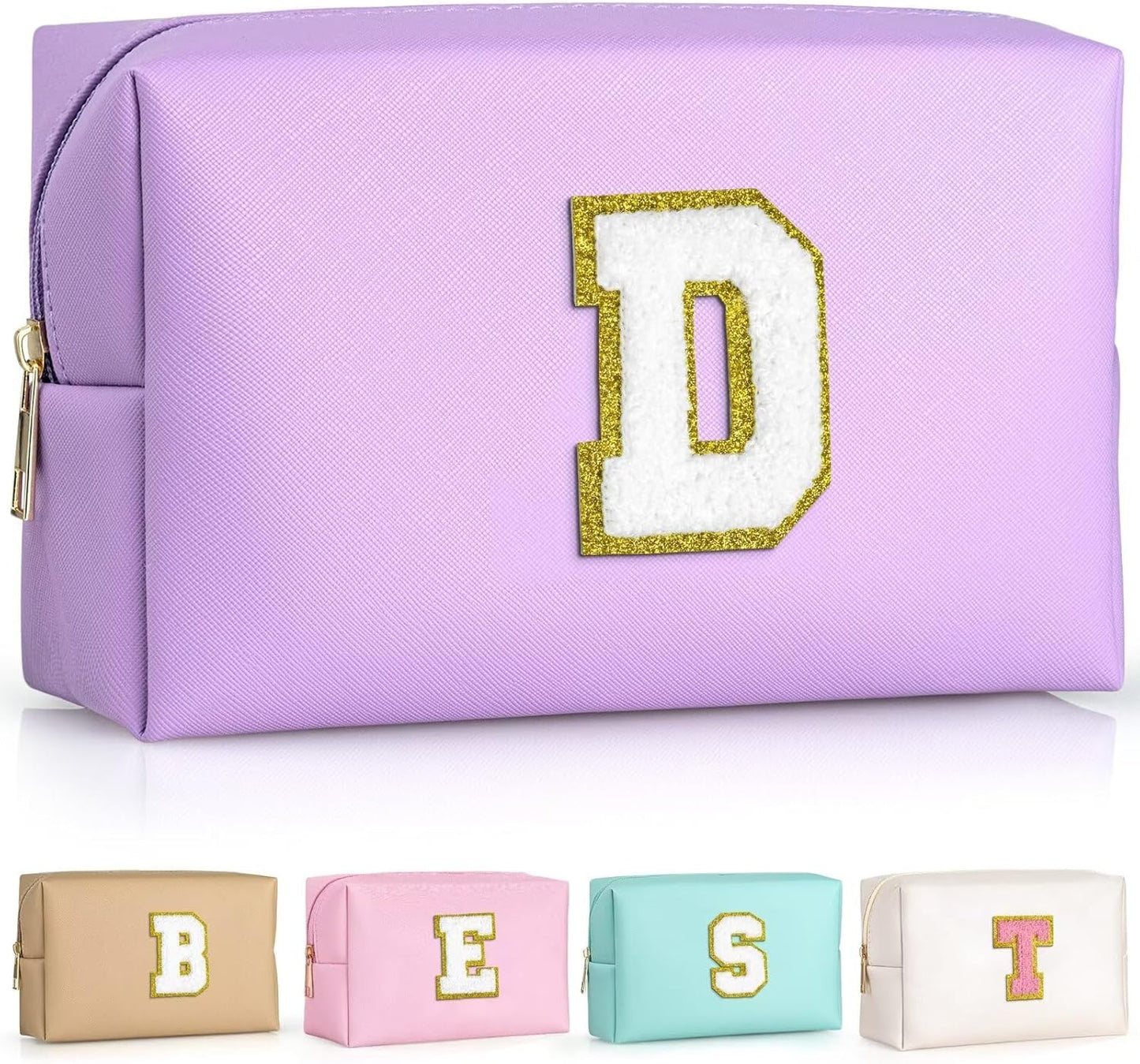 TOPEAST Preppy Small Makeup Bag, Chenille Letter Pouch Cosmetic Bag With Zipper, PU Leather Waterproof Toiletry Bag, Personalized Birthday Gift for Women, Cute Stuff for Girls (Purple D)