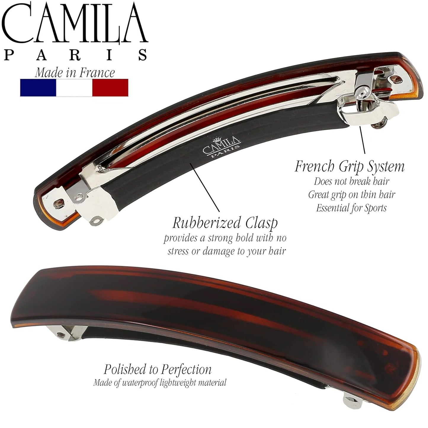 Camila Paris AD821 French Hair Barrette Clip for Girls, Tortoise Shell Strong Hold Grip, No Slip and Durable Cellulose Styling Girls Hair Accessories for Women, Automatic Clasp, Made in France
