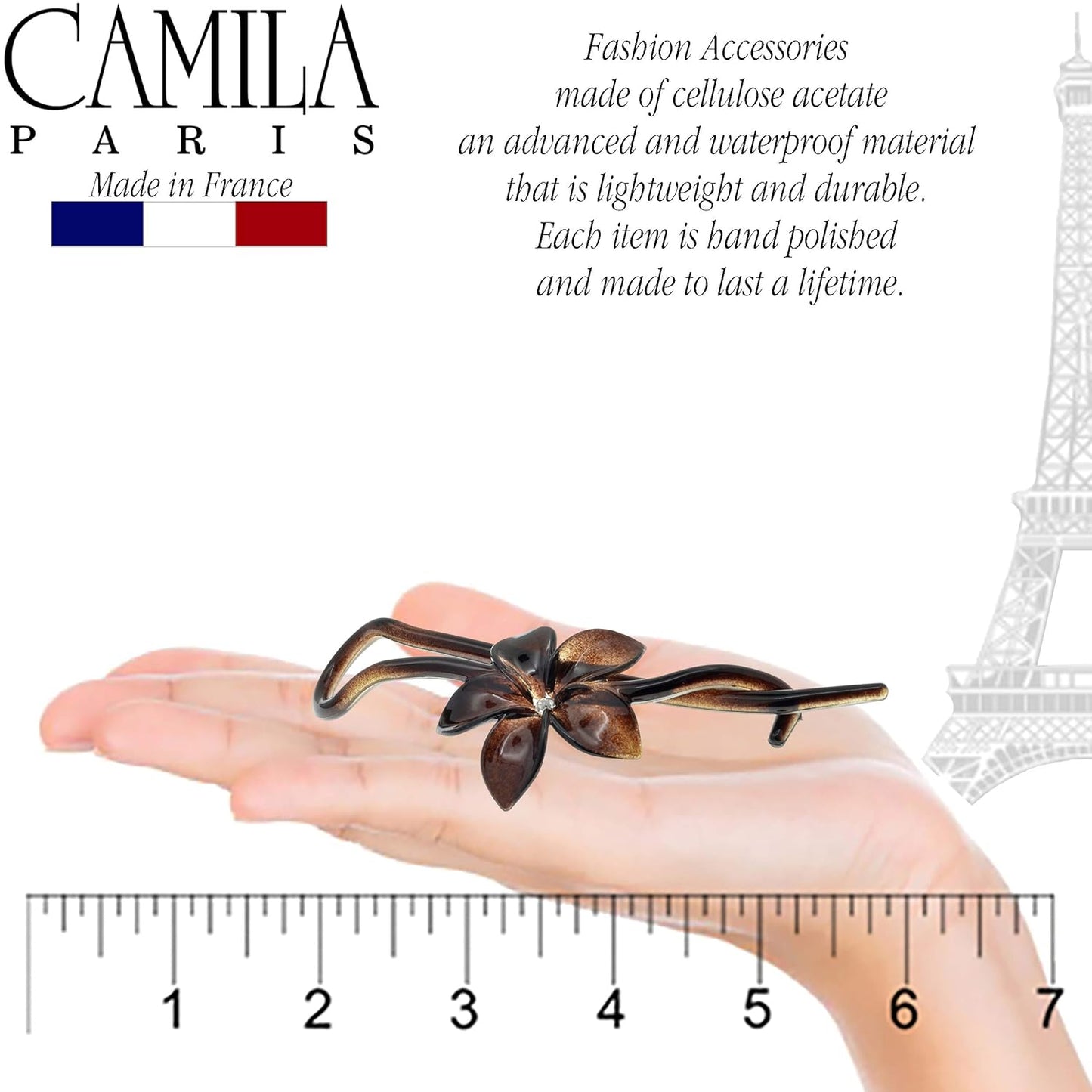 Camila Paris CP1592 French Hair Barrette Pin Clips for Girls, Flower, Tortoise Shell, No Metal Parts, Strong Hold Grip Hair Clips for Women, No Slip Styling Girls Hair Accessories, Made in France