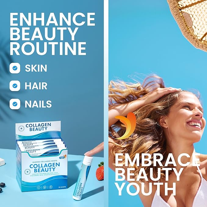 Swedish Nutra - Collagen Beauty | 10,000 mg Hydrolyzed Marine Collagen Liquid Supplement - 20 x 25 ml Daily Shots | Hyaluronic Acid and Vitamin C to Support Healthy Hair, Skin, Nails | Sugar-Free