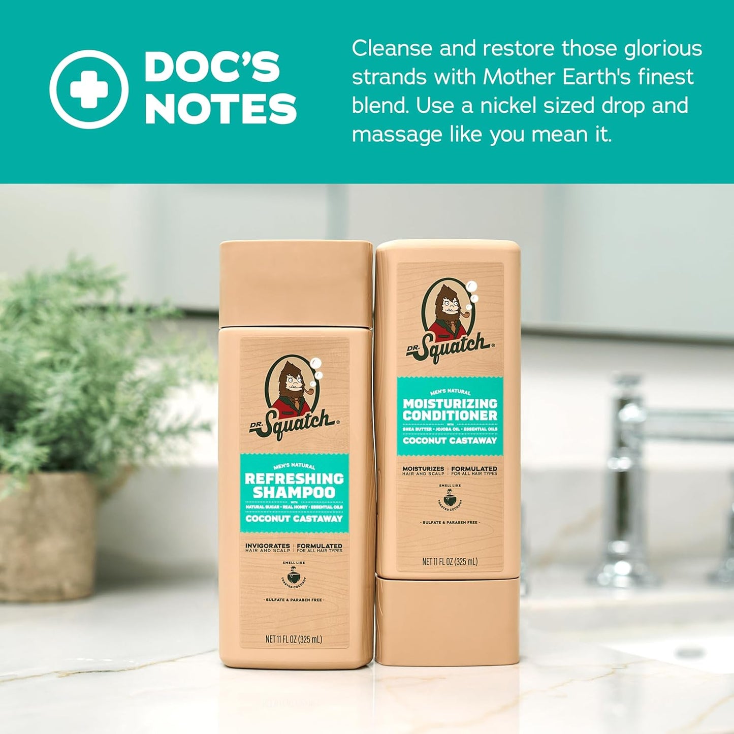 Dr. Squatch Natural Hair Bundle for Men - Healthy, Full Looking Hair - Coconut Castaway Shampoo (8 fl oz), Coconut Castaway Conditioner (11.5 fl oz)