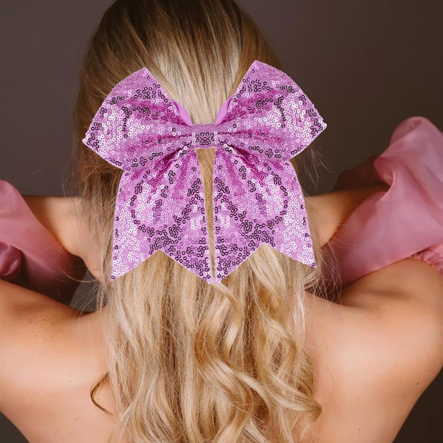 Large Big 7 Inch Glitter Bow Clip Sequin Bling Party Hair Accessories for Women Teens Girls Kids 2 Pcs (HotPink, LightPurple)