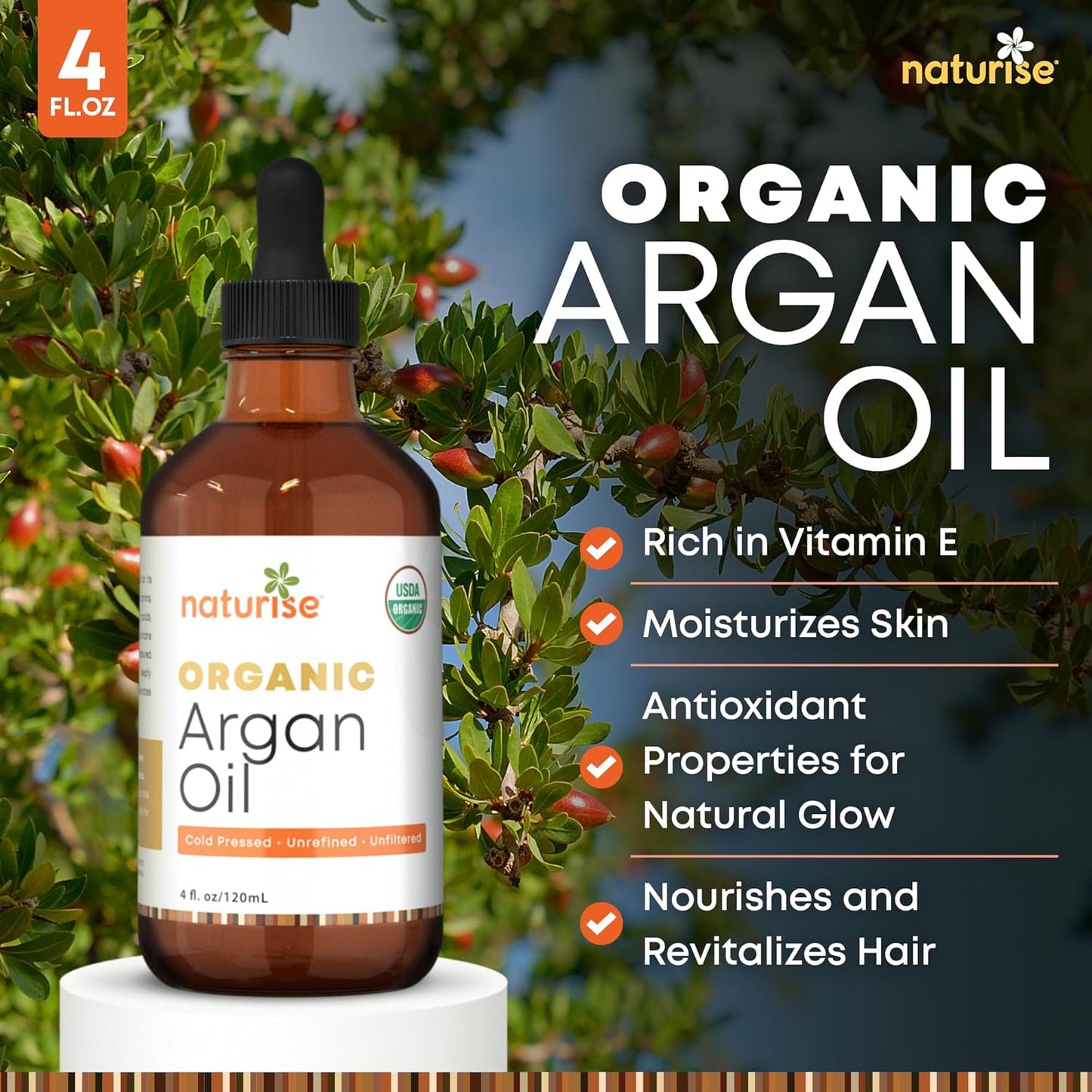 USDA Organic Argan Oil for Hair & Skin – 100% Pure Argan Oil of Morocco for Face, Skin Moisture & Hair Growth – Vegan, Non-GMO, Cold Pressed & Unrefined Oils in Glass Bottle (4 fl. oz.)